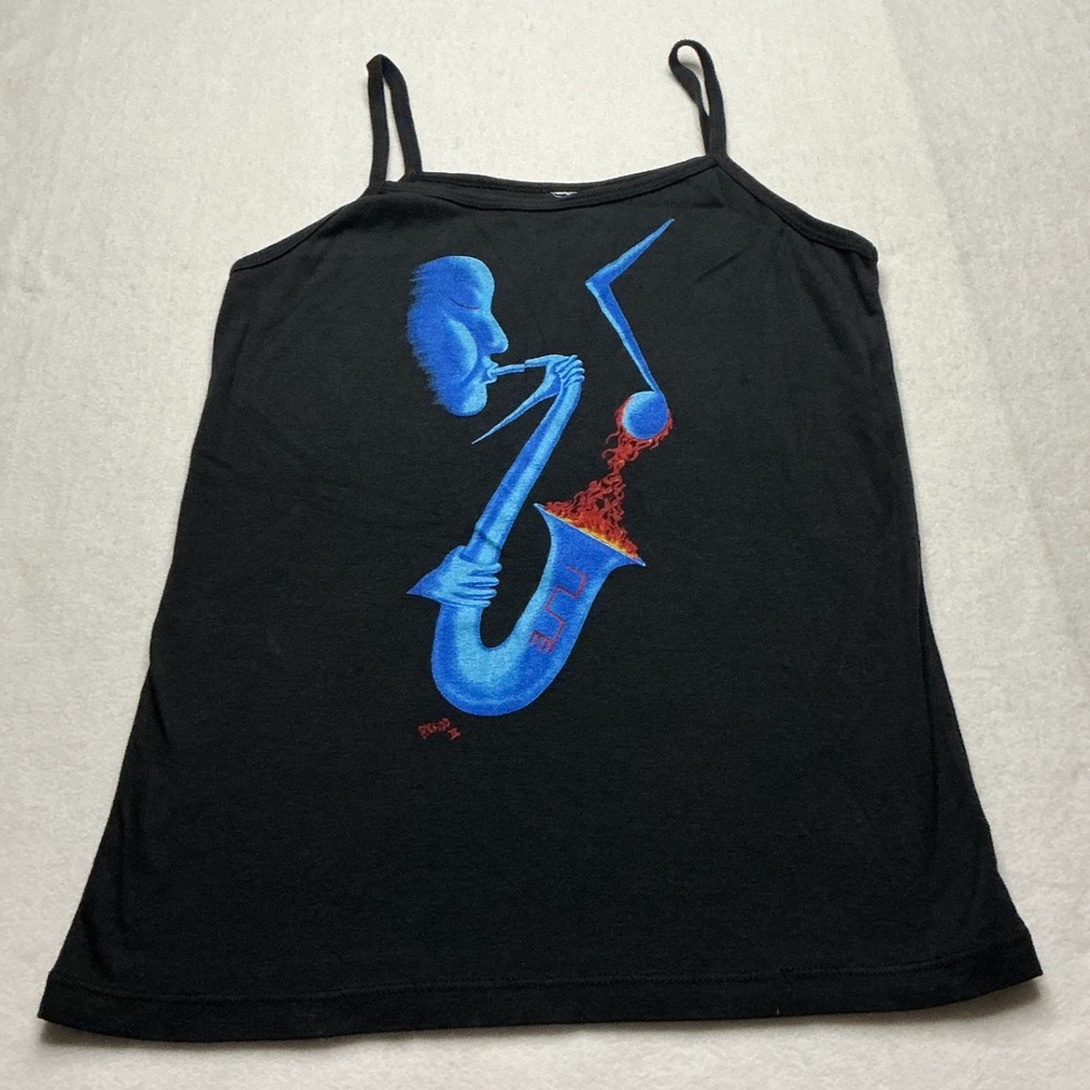 R.K. Kidd II Ugly Hands Camisole Tank Top Black Jazz Saxophone Graphic Small